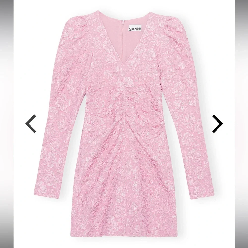 Ganni Pink Jacquard V-Neck‎ Mini Dress Orchid Smoke NWOT EU 34